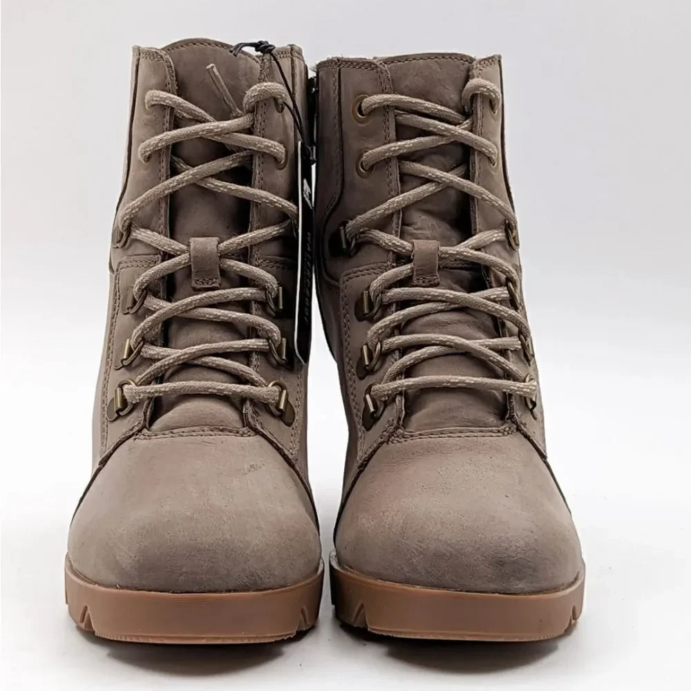 Sorel Joan Uptown Waterproof Wedge Bootie in mushroom. 8.5
